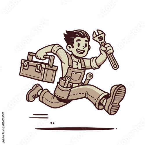 Happy handyman running with a toolbox and wrench, showcasing energy and readiness. A dynamic and cheerful tradesman character illustration for creative designs. Isolated vector illustration.