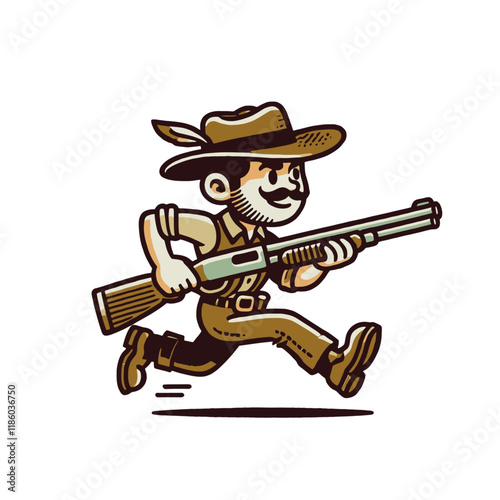 Cartoon Smiling cowboy hunter running with a rifle, ready for adventure. A cheerful and adventurous character illustration for outdoor and storytelling themes. Isolated vector illustration.