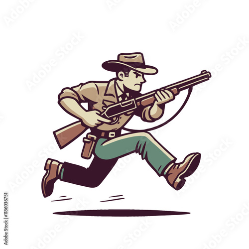 Running cartoon cowboy hunter with a rifle, showcasing action and determination. A bold and dynamic wild west character illustration for storytelling or outdoor designs. Isolated vector illustration