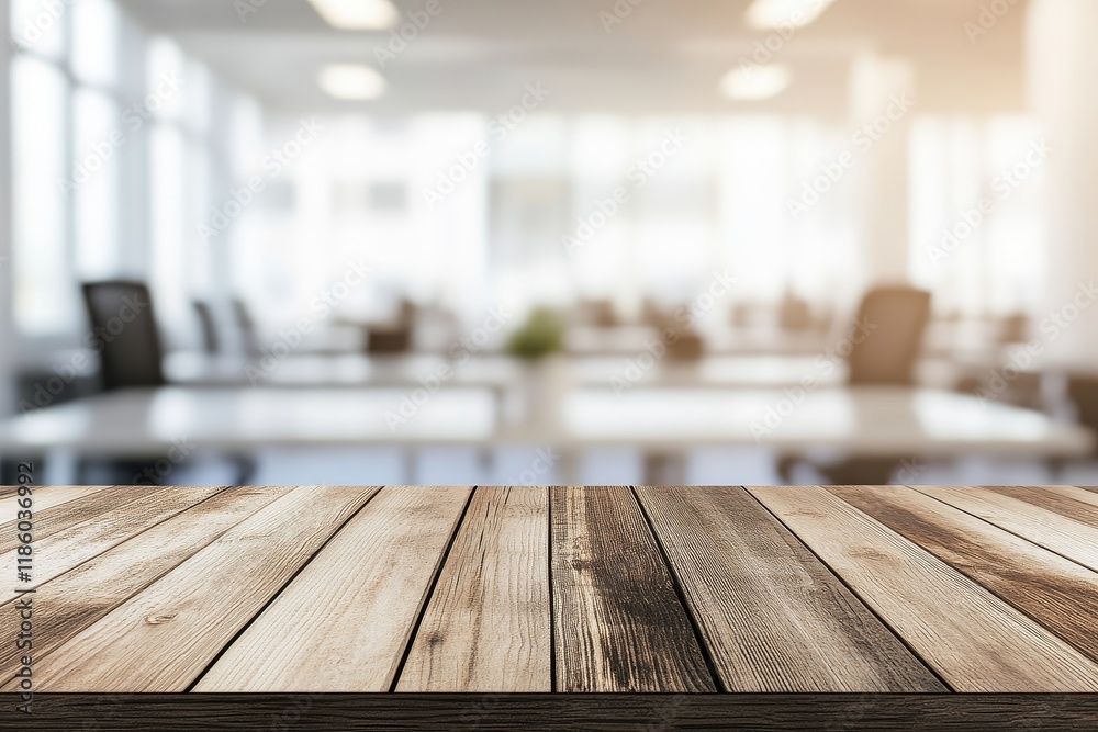 Wooden table in blurred modern office Wooden table in blurred modern office