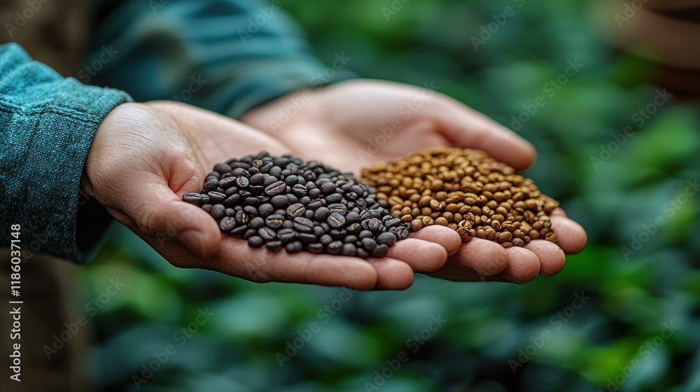 Coffee Beans in Hands: A Close-Up of Roasted and Unroasted Coffee Beans