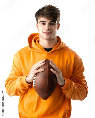 Happy boy in a yellow hoodie holding a basketball isolated on transparent background