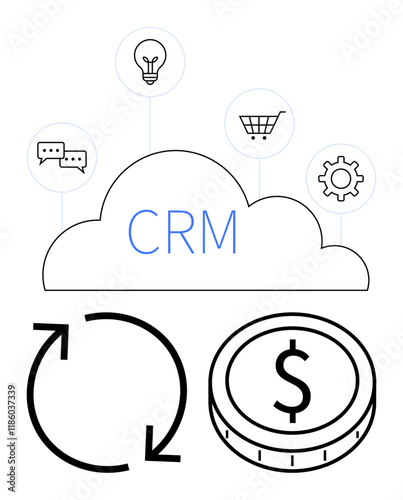 CRM cloud surrounded by icons for chat, ideas, shopping, and gears. Features coin and arrows for transaction and renewal. Ideal for business tools, sales, marketing, automation customer management