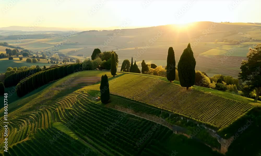 Rolling green hills with cypress trees and farmland at sunrise, creating a serene countryside landscape bathed in golden light.