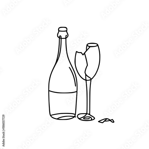 Simple vector contour linear image of a standing wine bottle and a broken glass goblet