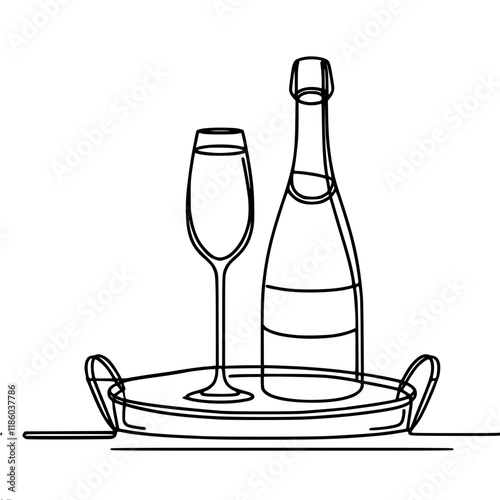 A simple vector contour linear symbolic image of a champagne bottle and glass standing on a tray