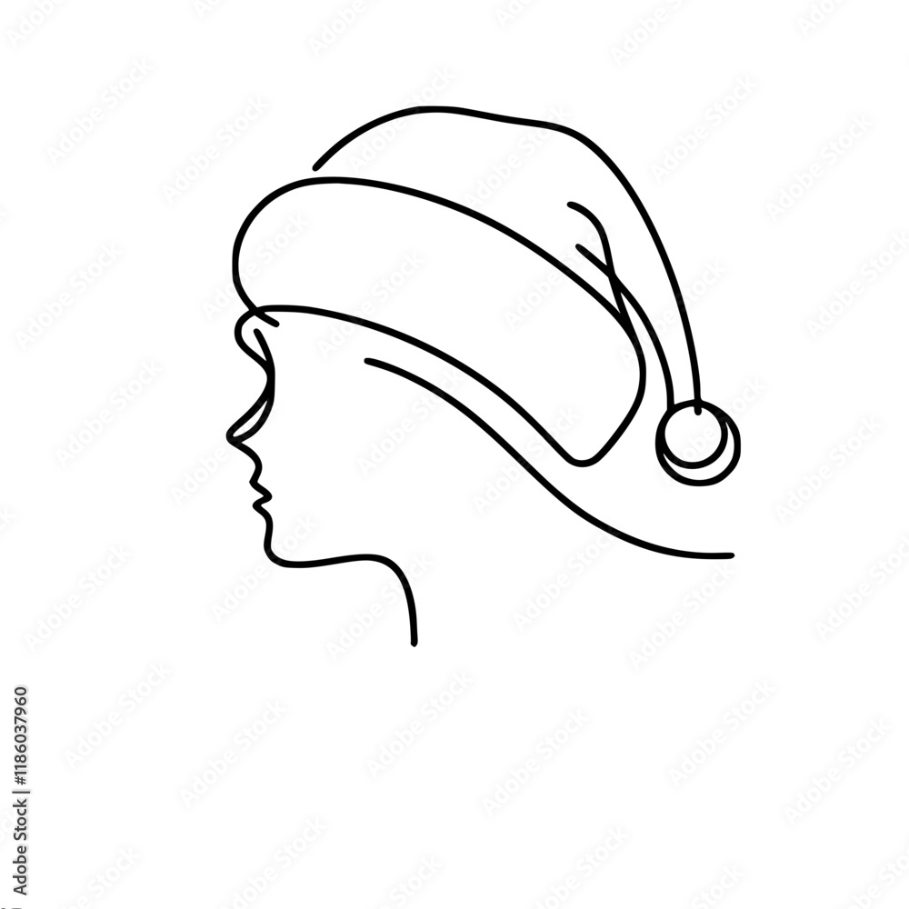 Linear vector contour simple drawing of a profile of a man wearing a Santa hat. Minimalistic style, ideal for New Year and Christmas projects. Linear vector contour simple drawing of a profile of a man wearing a Santa hat. Minimalistic style, ideal for New Year and Christmas projects.