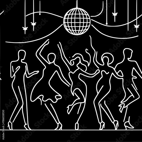 single line vector outline drawing, people dancing at a party under a disco ball, depicting energetic movements and an atmosphere of fun, white lines on a black background