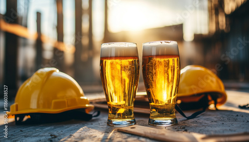 Two glasses of cool light beer against the backdrop of a construction site and construction helmets.
