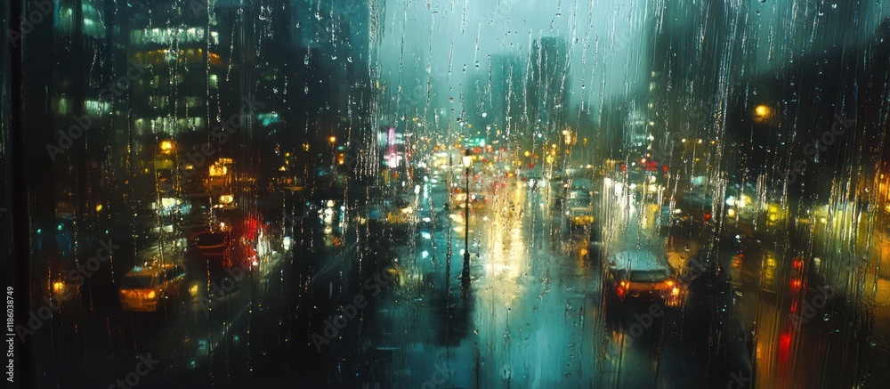 Fototapeta premium Rainy city night view from window.