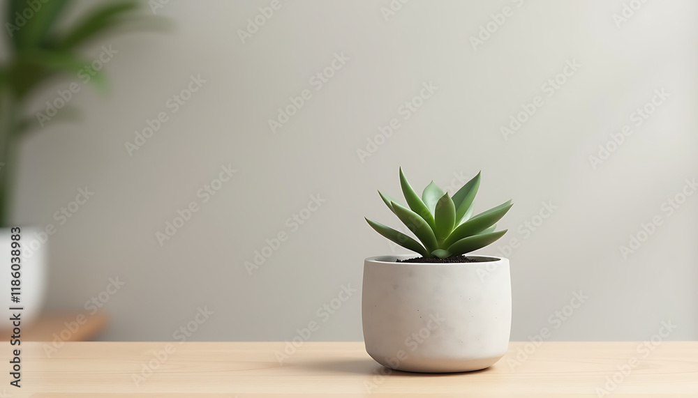 Modern Concrete Flower Pot with a Small Succulent on a Light Wooden Table Modern Concrete Flower Pot with a Small Succulent on a Light Wooden Table