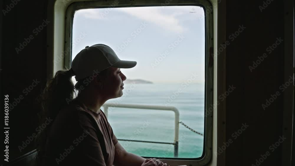 custom made wallpaper toronto digitalCaucasian woman in cap gazes out ferry window, serene ocean view beyond. Female reflects, calm sea voyage, travel peace. Journey moment, maritime transportation, personal time on water.