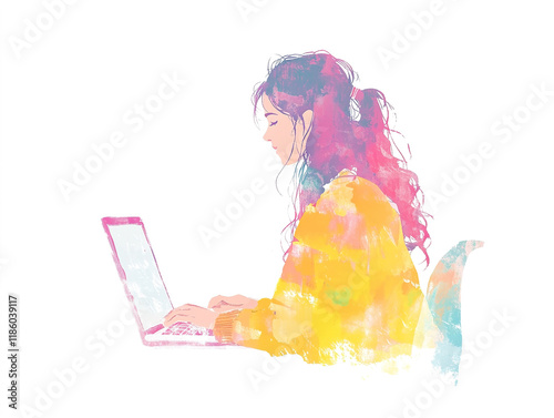 Flat style illustration of a young woman working on a laptop at a table, isolated on a white background.  