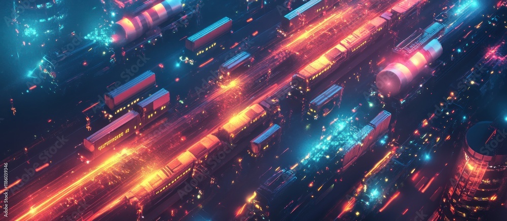 Fototapeta premium Abstract futuristic city with glowing transportation network.
