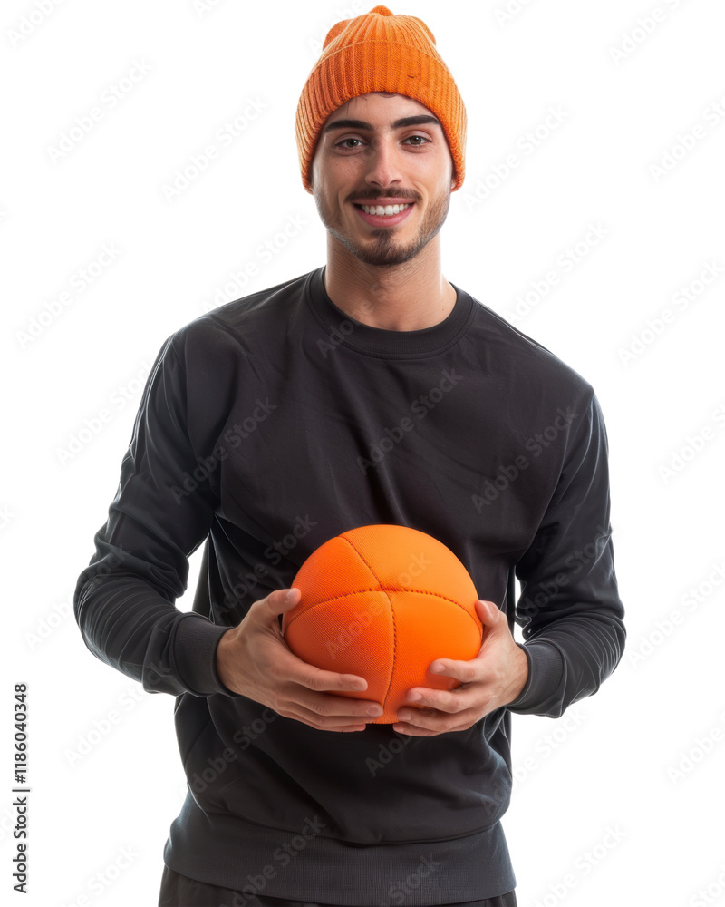 Professional man smiling and holding a soccer ball isolated on transparent background Professional man smiling and holding a soccer ball isolated on transparent background