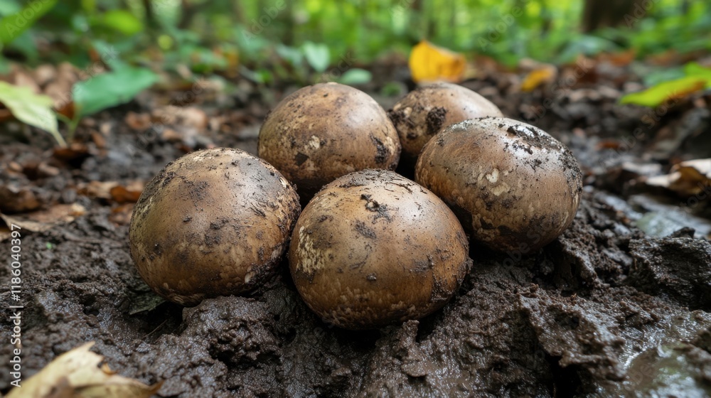 Fresh Mushrooms Growing in a Forest with Rich Soil and Leaves Fresh Mushrooms Growing in a Forest with Rich Soil and Leaves