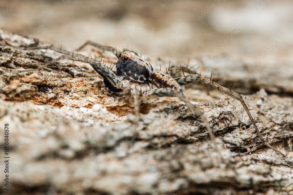 Huntsman spider crawling on tree bark: close-up of camouflaged arachnid Huntsman spider crawling on tree bark: close-up of camouflaged arachnid