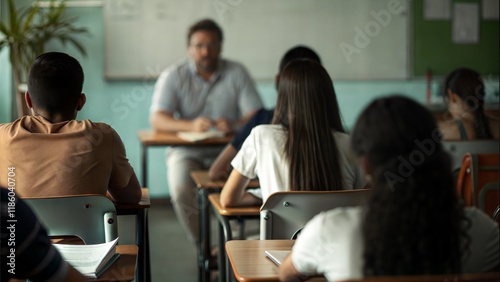 Male teacher listening to students at adult education class photo