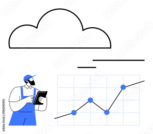 Worker in uniform holding a tablet, cloud graphic overhead, ascending line chart with data points. Ideal for tech growth, cloud computing, data analytics, business development, productivity, digital