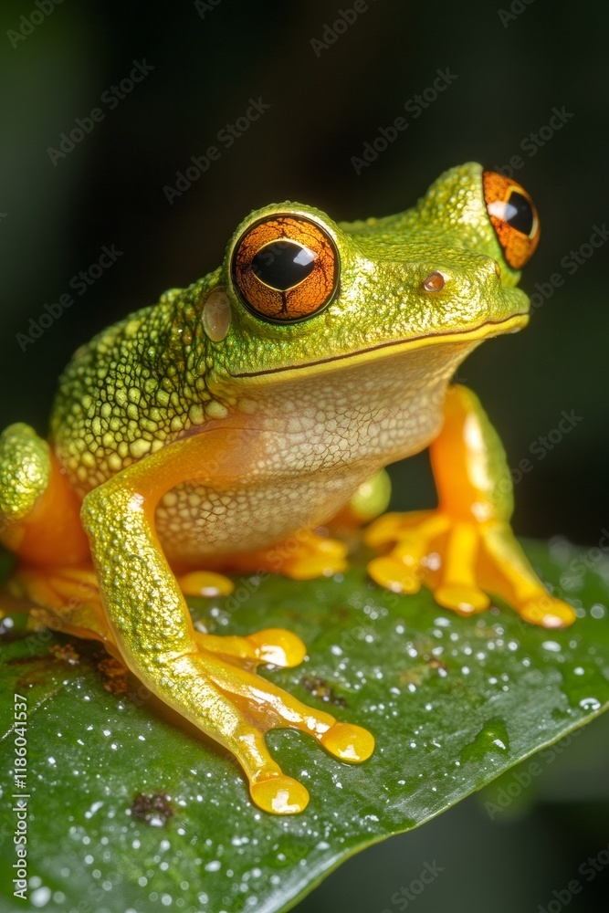 Obraz premium Lemur leaf frog sitting on a wet leaf in rainforest