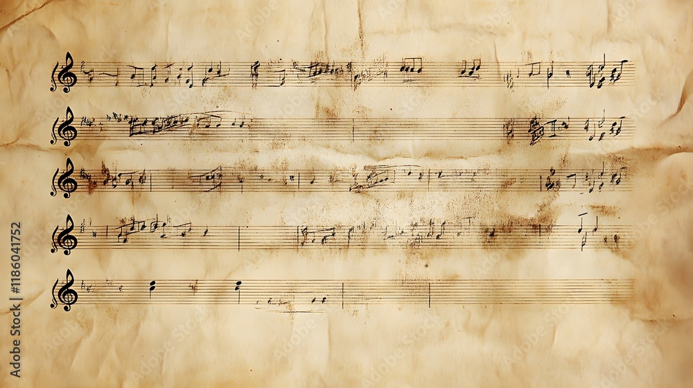 Fototapeta premium Aged Sheet Music Notes On Creased Paper