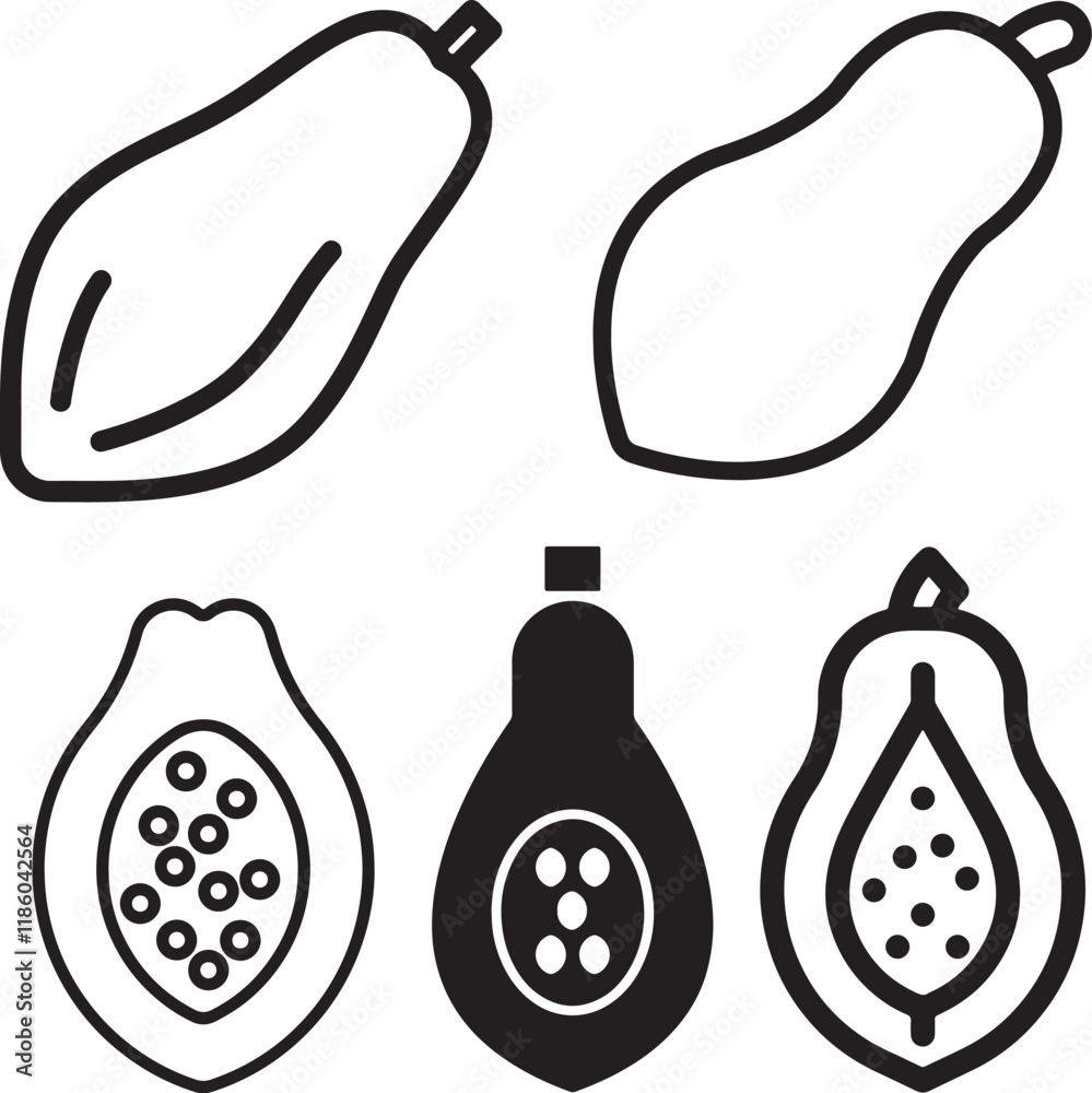 Black and White Papaya Illustration Drawing Black and White Papaya Illustration Drawing