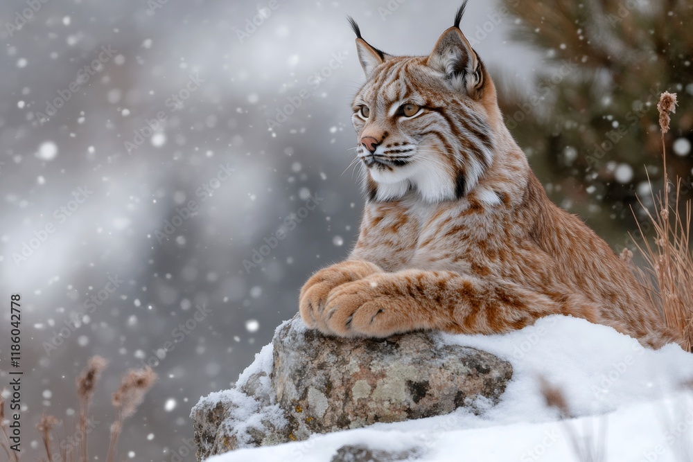 Fototapeta premium Eurasian lynx resting on rock during snowfall in winter forest