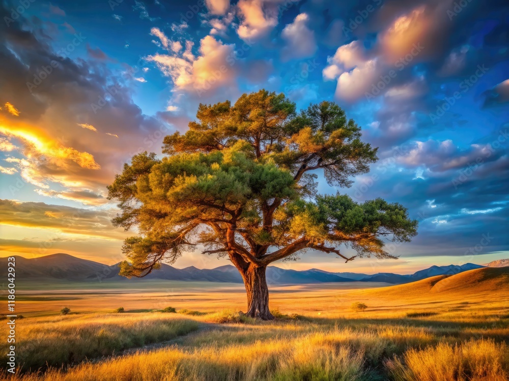 Fototapeta premium Lone Gobi tree, a majestic testament to Mongolian steppe resilience, captures stunning Central Asian landscape.
