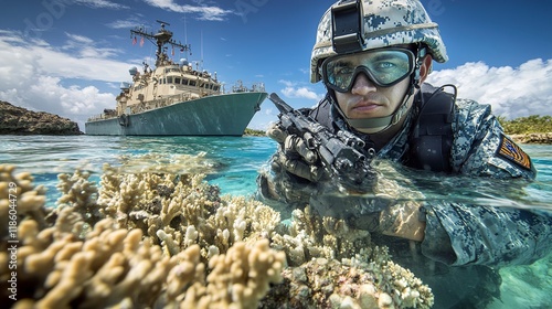 Navy SEAL Underwater Operation Near Coral Reef with Warship in Background photo