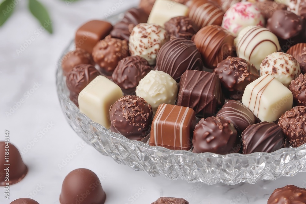 Luxurious chocolate truffles. Assorted chocolate truffles in a decorative dish on a marble surface.