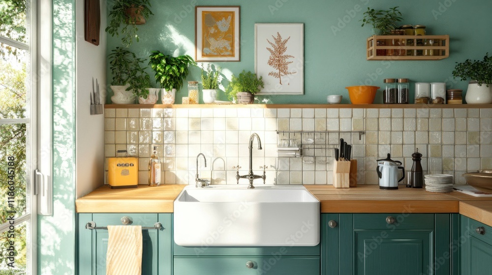 Fototapeta premium Sunny kitchen with farmhouse sink, teal cabinets, and wood countertop.