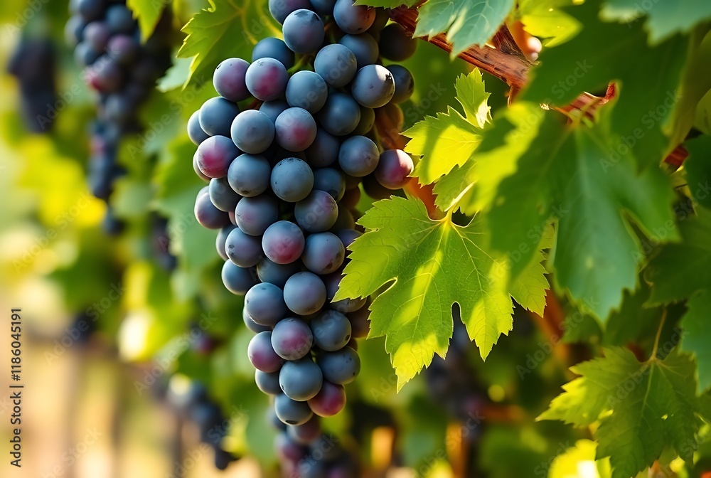 Fototapeta premium Ripe grapes hung on vineyards of grape trees. In the morning vineyard