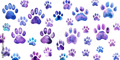 Set of watercolor paw prints blue and purple In clip art format with a white background