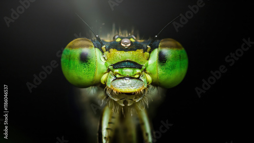 Extreme close-up of damselfly showing its compound eyes and mandibles