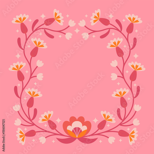 Folk floral square frame. Traditional slavic scandinavian ornament with rustic embroidery motifs. Clean flat minimal geometric shapes in unique reflected elegant print.