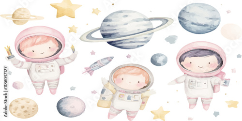 Watercolor cute cartoon clipart of pastel-colored astronauts and planets, stars on a white background