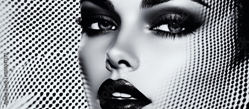 Black and white pop art portrait glamorous woman mesh veil effect dramatic makeup bold lips striking eyes retro comic style halftone texture modern fashion illustration inspired high contrast artistic