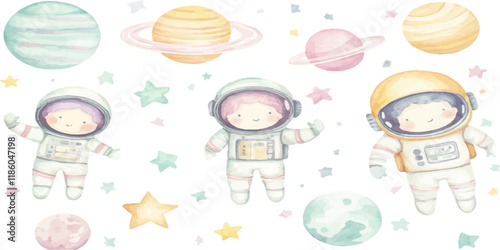 Watercolor cute cartoon clipart of pastel-colored astronauts and planets, stars on a white background