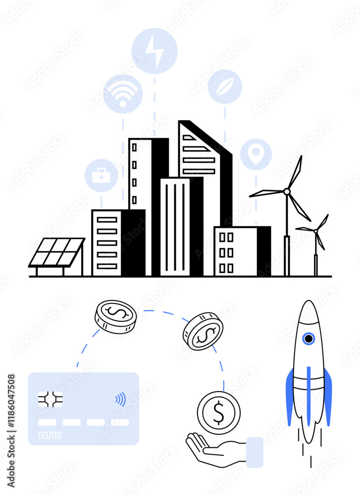 Fototapeta premium Smart City with buildings, solar panels, wind turbines, connectivity icons, payment card, hand with coin, and rocket. Ideal for technology, finance sustainability business growth innovation smart