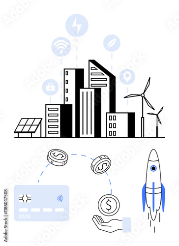 Smart City with buildings, solar panels, wind turbines, connectivity icons, payment card, hand with coin, and rocket. Ideal for technology, finance sustainability business growth innovation smart