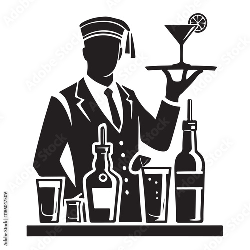 Bartender Silhouette Vector Illustration, Solid White Background.