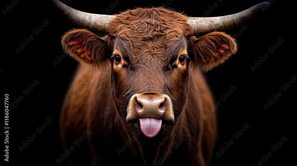 Naklejka premium Playful Brown Bull Portrait: A close-up shot of a brown bull playfully sticking its tongue out against a black background.