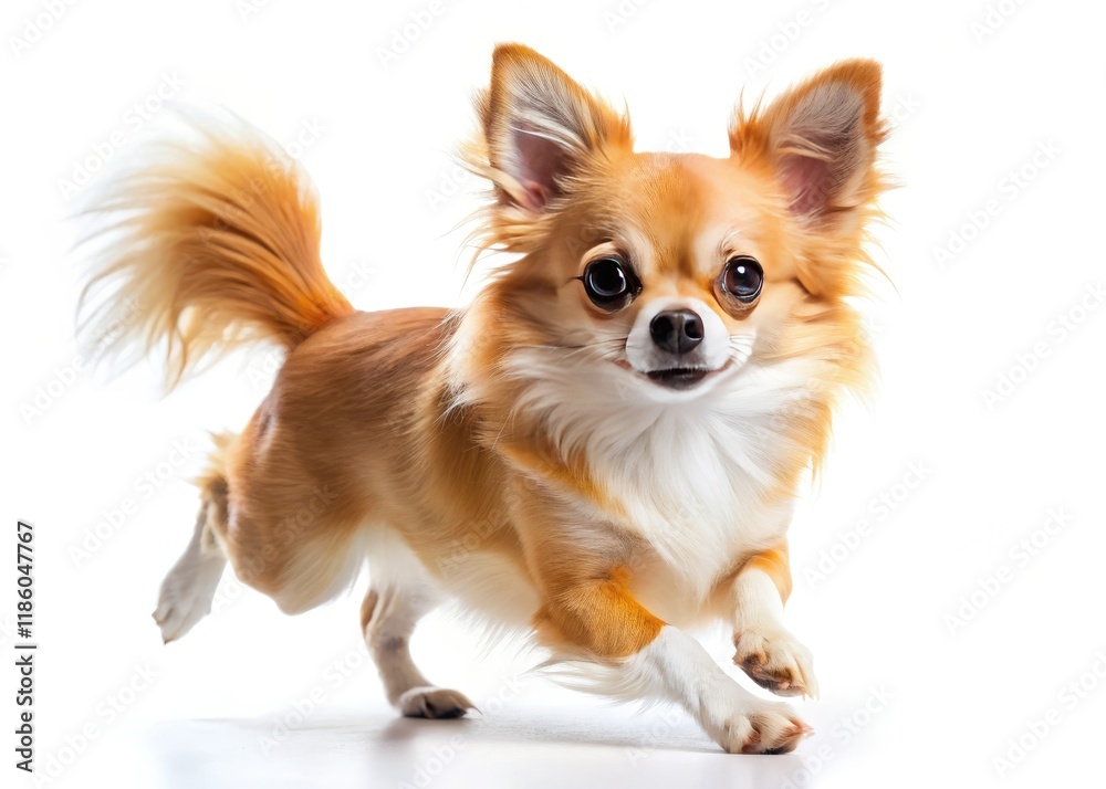 Panoramic shot: A tiny Chihuahua sprints across a pure white background. Panoramic shot: A tiny Chihuahua sprints across a pure white background.