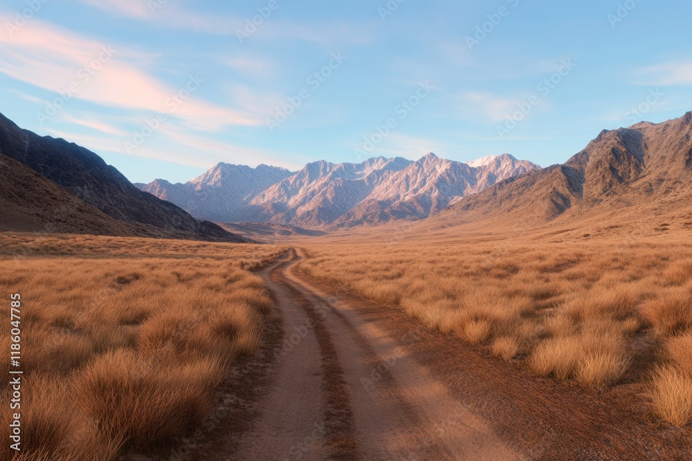 Naklejka premium Road desert landscape with mountains in horizon