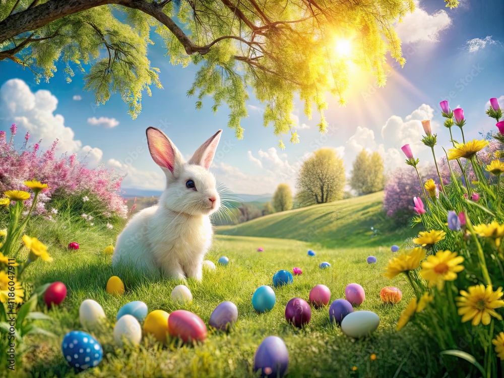 Fototapeta premium Pastel spring meadow with a cute, fluffy-tailed rabbit near a willow tree, surrounded by wildflowers and Easter eggs.