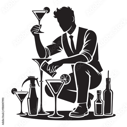 Bartender Silhouette Vector Illustration, Solid White Background.