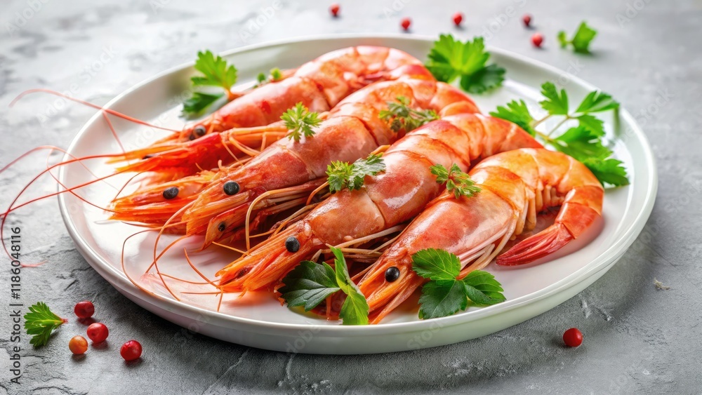 Pink prawns gleam on a pristine white plate, a fashion-forward seafood still life. Pink prawns gleam on a pristine white plate, a fashion-forward seafood still life.
