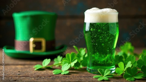 Green beer pint on a rustic wooden table, decorated with clovers and a Leprechaun hat. photo