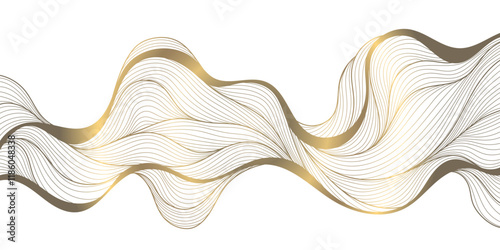 Vector gold on white line wave pattern, abstract premium curve background, geometric shape illustration. Fancy wind, sea texture