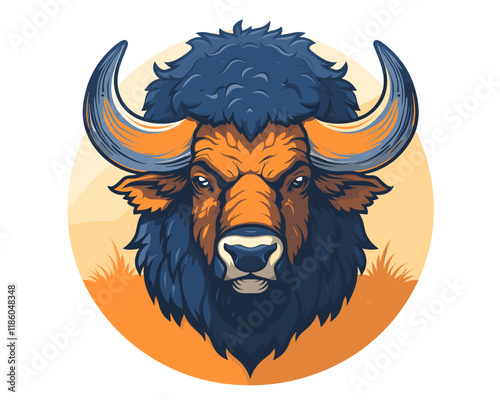 Cartoon buffalo with horns and a big angry face. The buffalo is in a field with grass